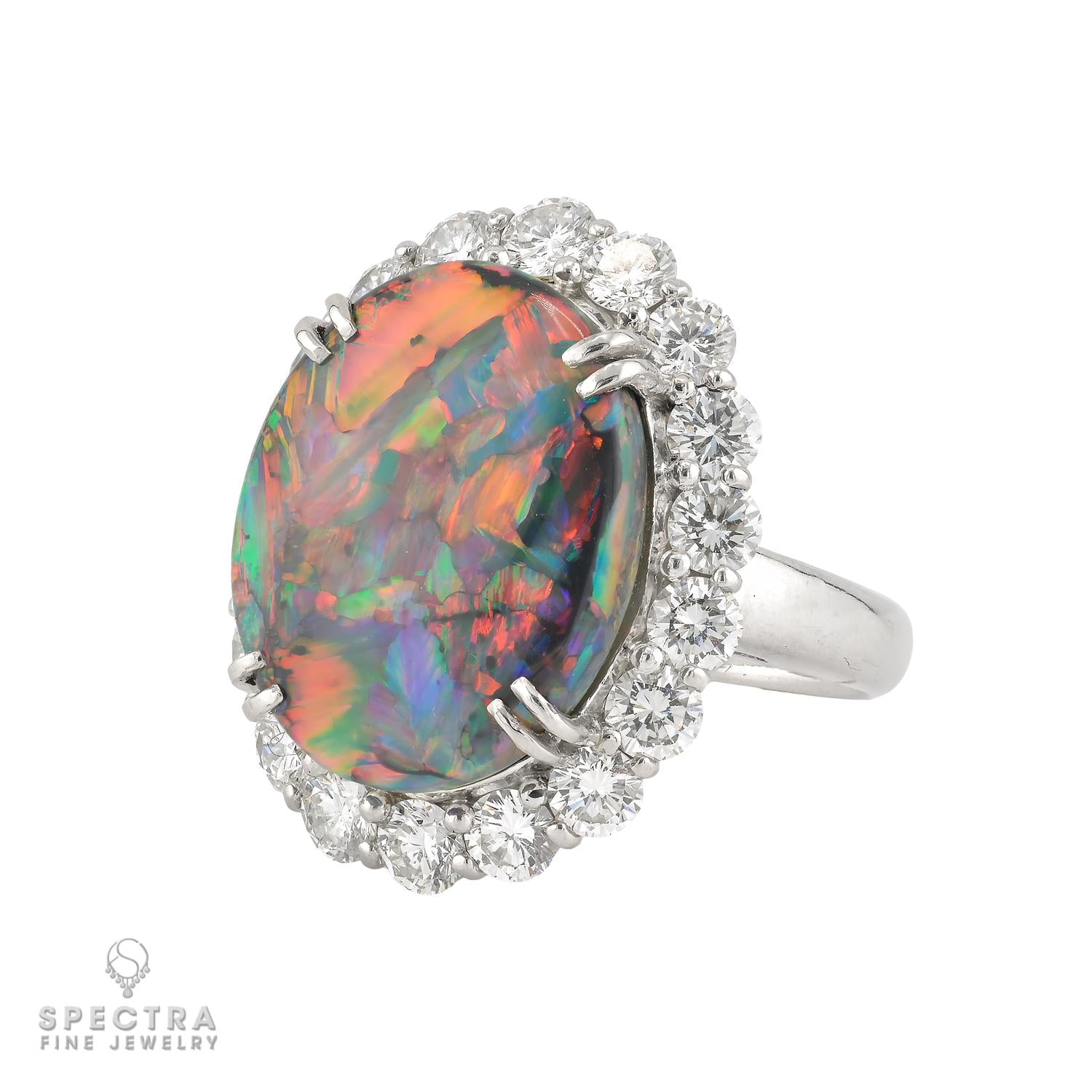 12.35ct Black Opal & 3.08ct Diamond Halo Ring in Platinum