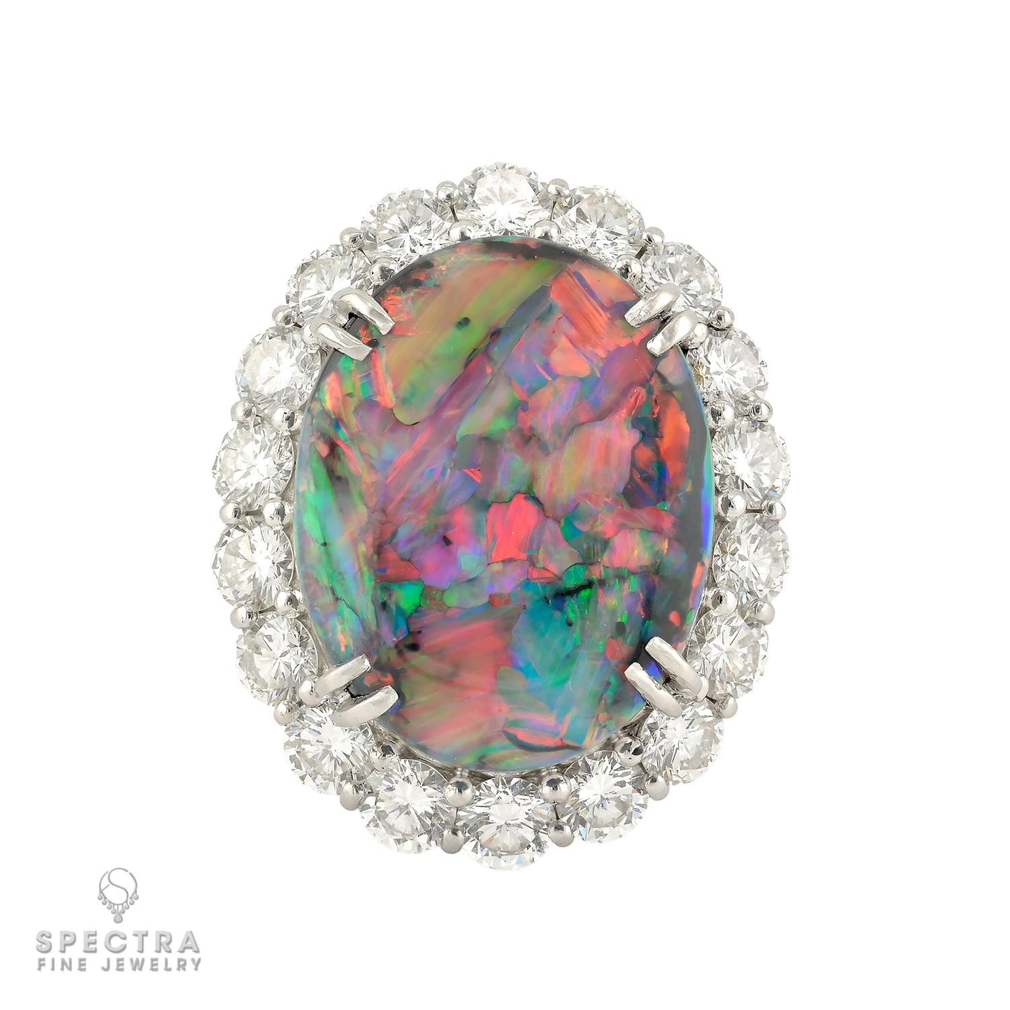 12.35ct Black Opal & 3.08ct Diamond Halo Ring in Platinum
