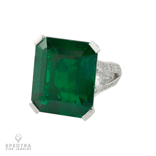 21.34 carat Colombian Emerald Trilliant Diamond Ring in Platinum | Signed Graff