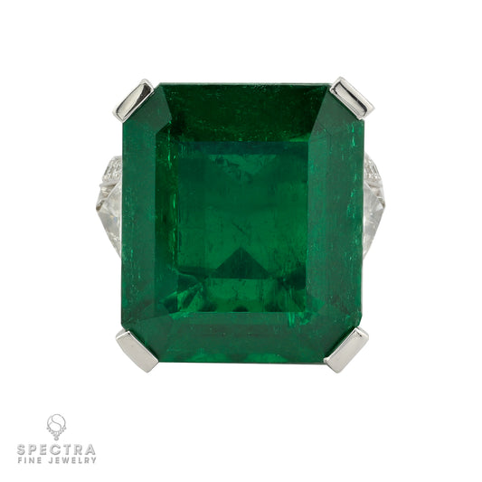 21.34 carat Colombian Emerald Trilliant Diamond Ring in Platinum | Signed Graff