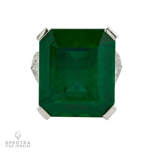 21.34 carat Colombian Emerald Trilliant Diamond Ring in Platinum | Signed Graff