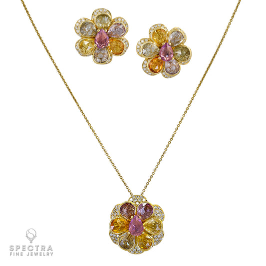 Multi-Colored Sapphire Diamond Earrings and Necklace