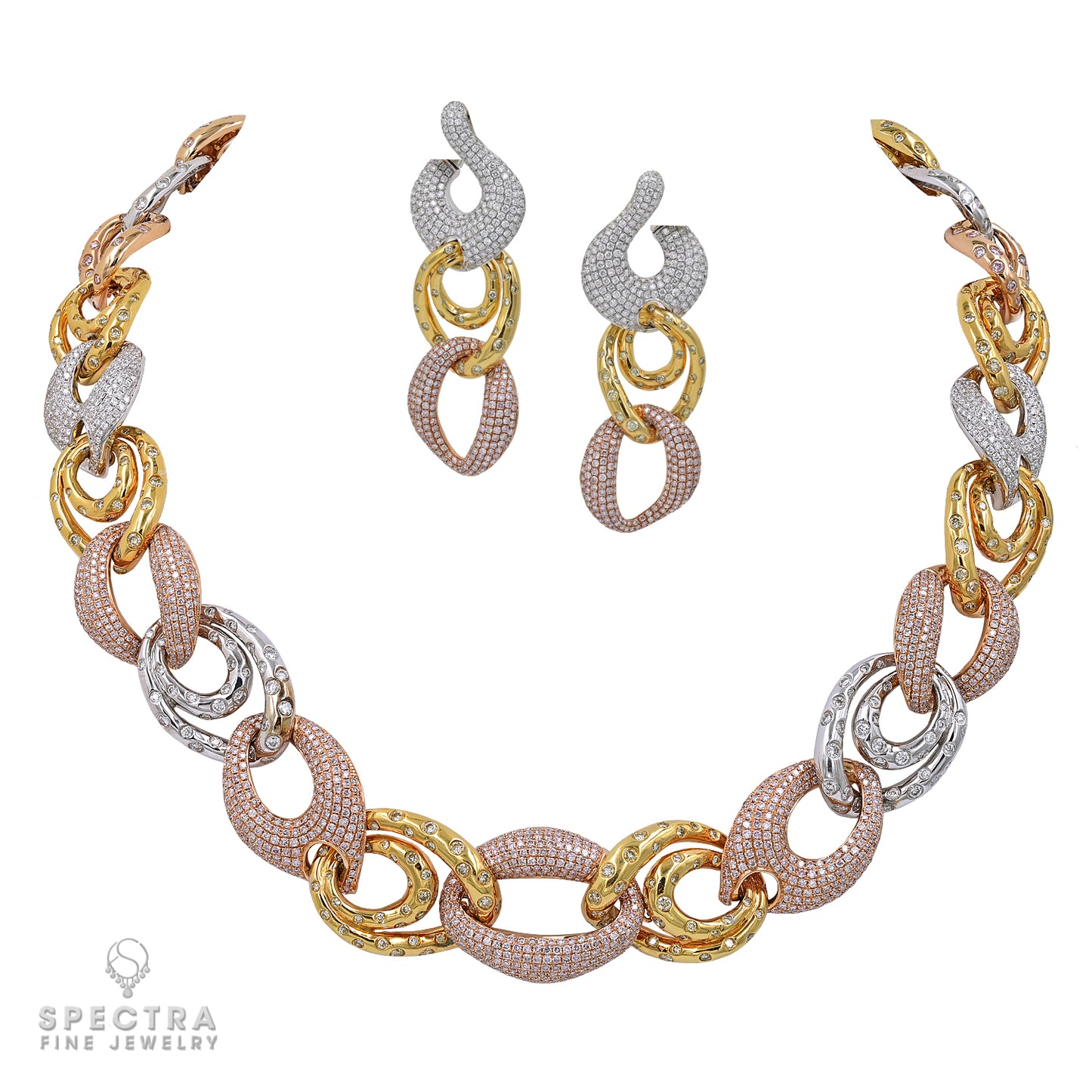Contemporary Diamond Pave Chain Link Necklace Earrings Demi Parure Suite