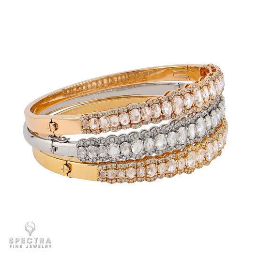 Set of 3 Rose-Cut Diamond Bangles in Tri-Color Gold