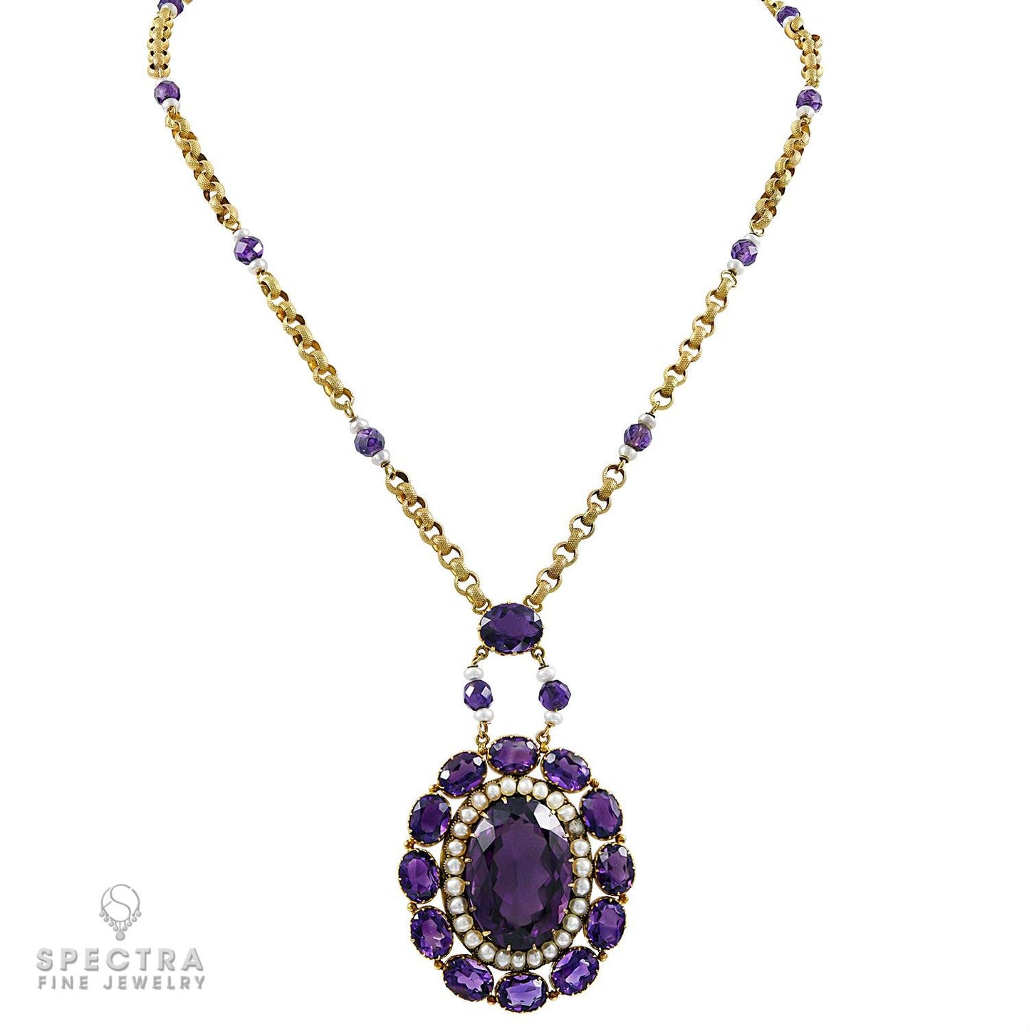 Siberian Amethyst & Pearl Victorian Revival Lavalier Necklace