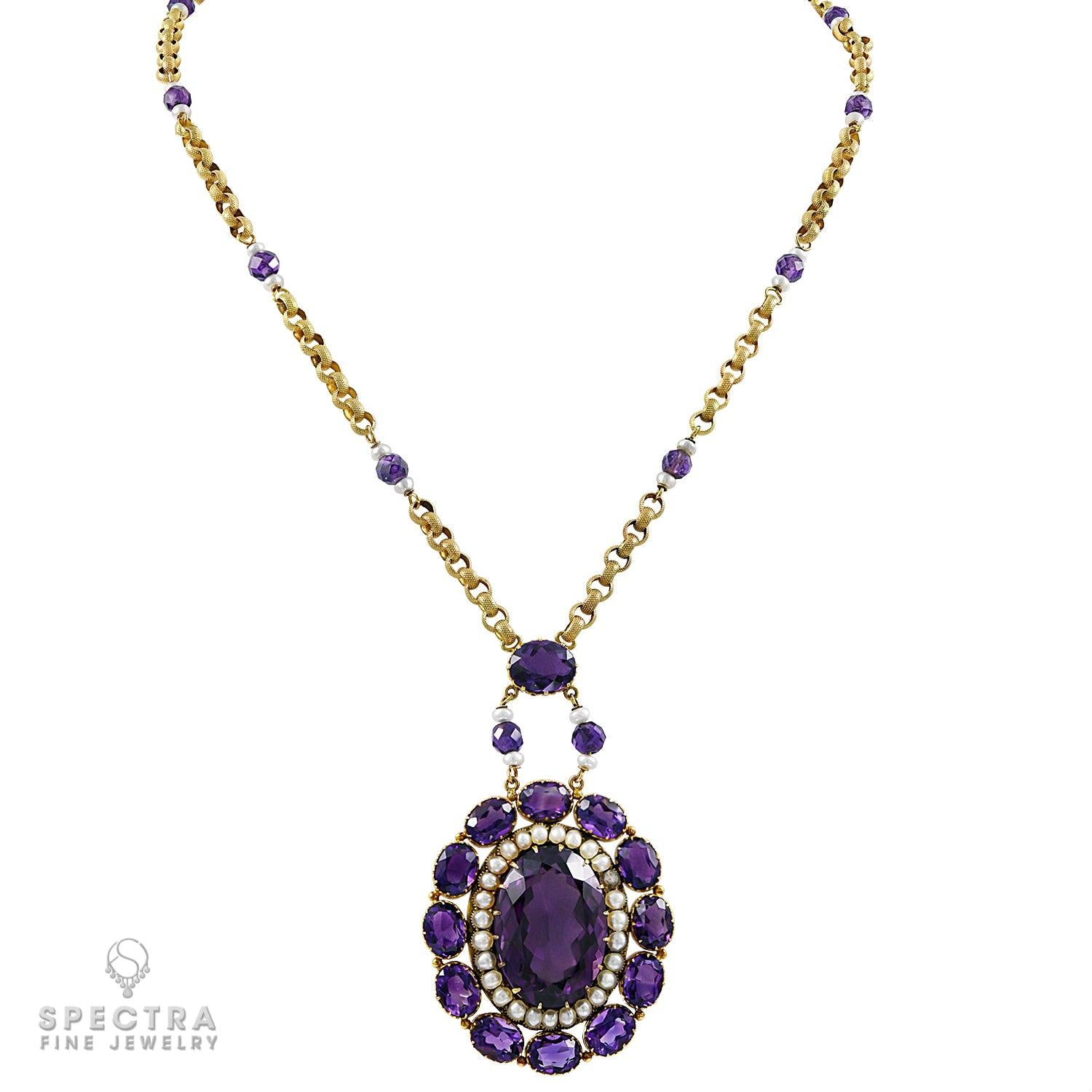 Siberian Amethyst & Pearl Victorian Revival Lavalier Necklace