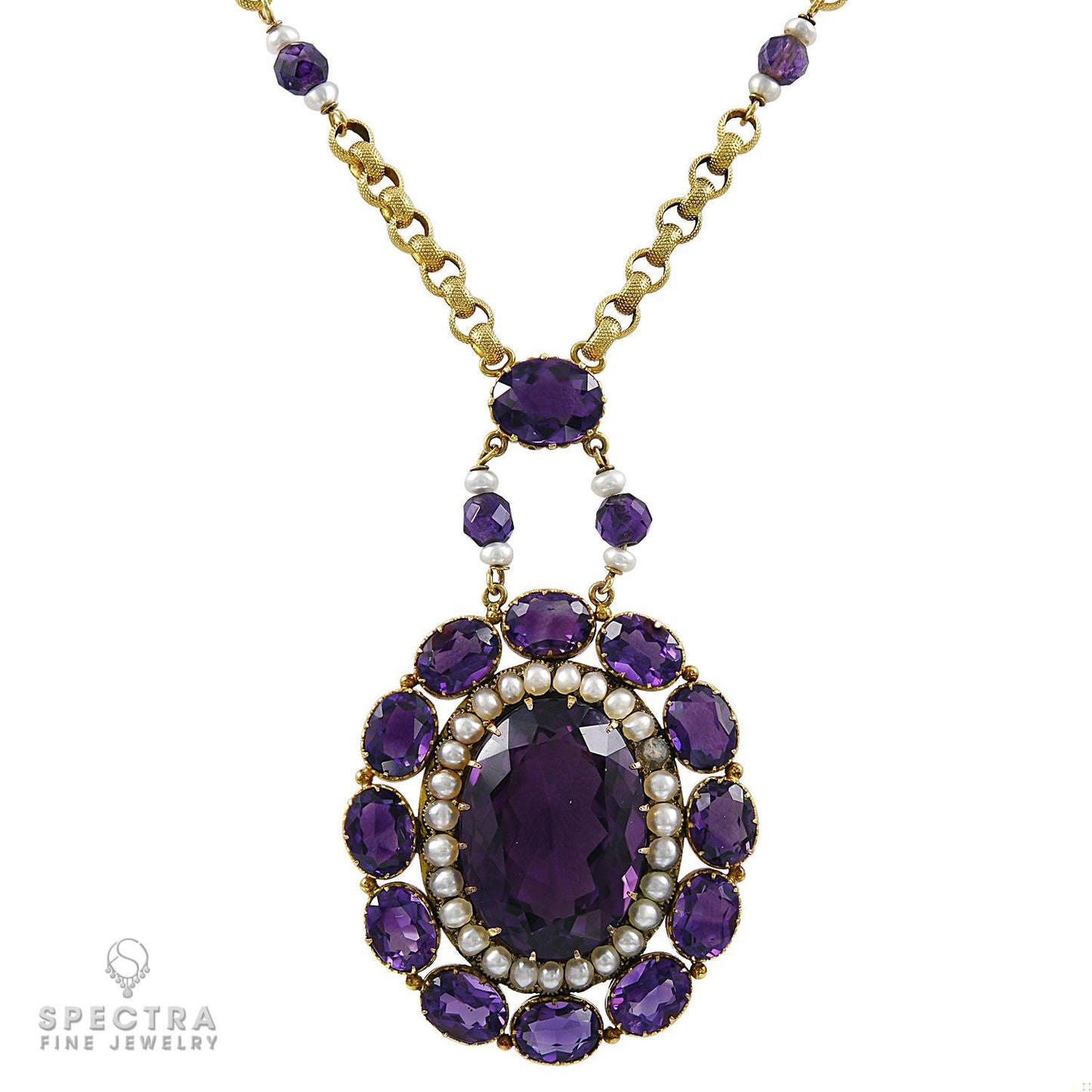 Siberian Amethyst & Pearl Victorian Revival Lavalier Necklace