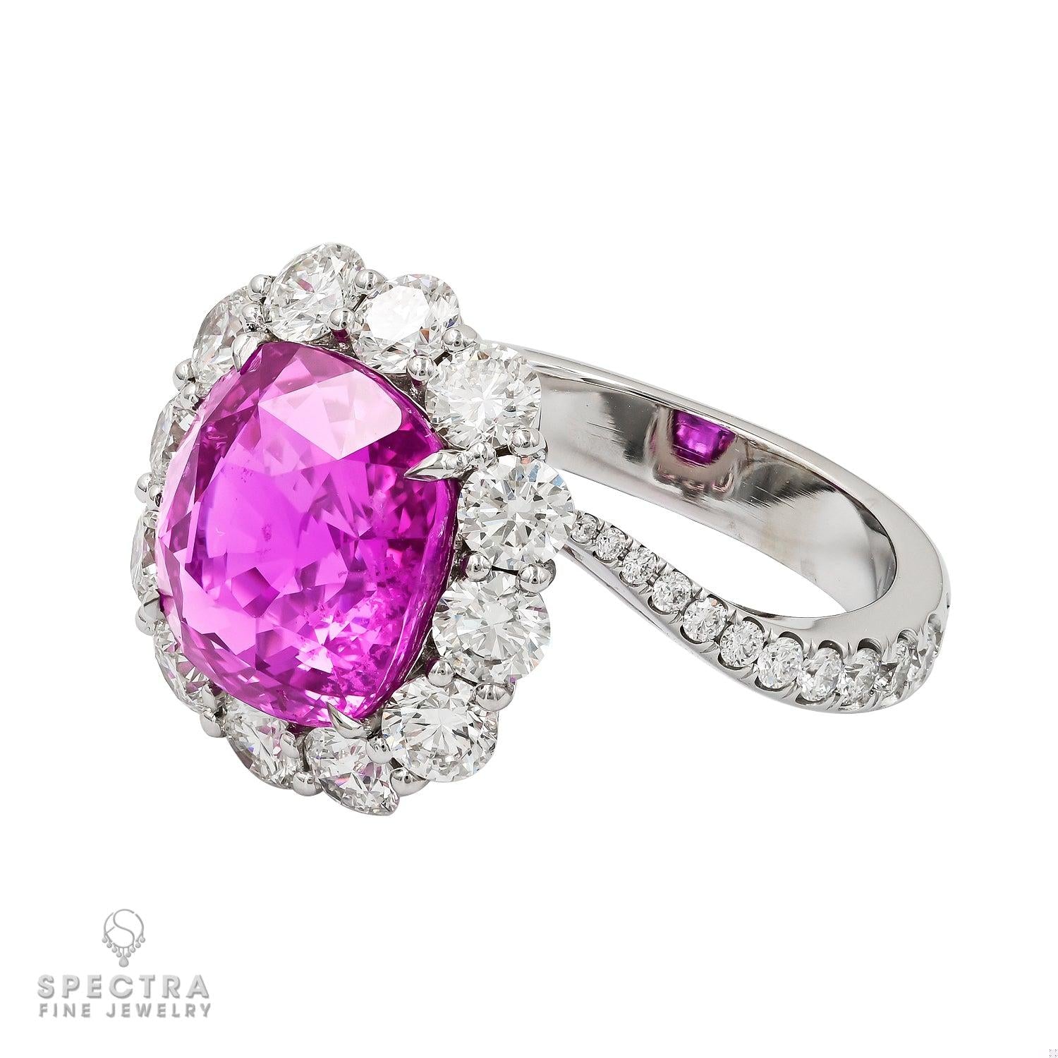 Spectra Fine Jewelry 7.08ct Unheated Cushion Pink Sapphire Ring with Diamonds