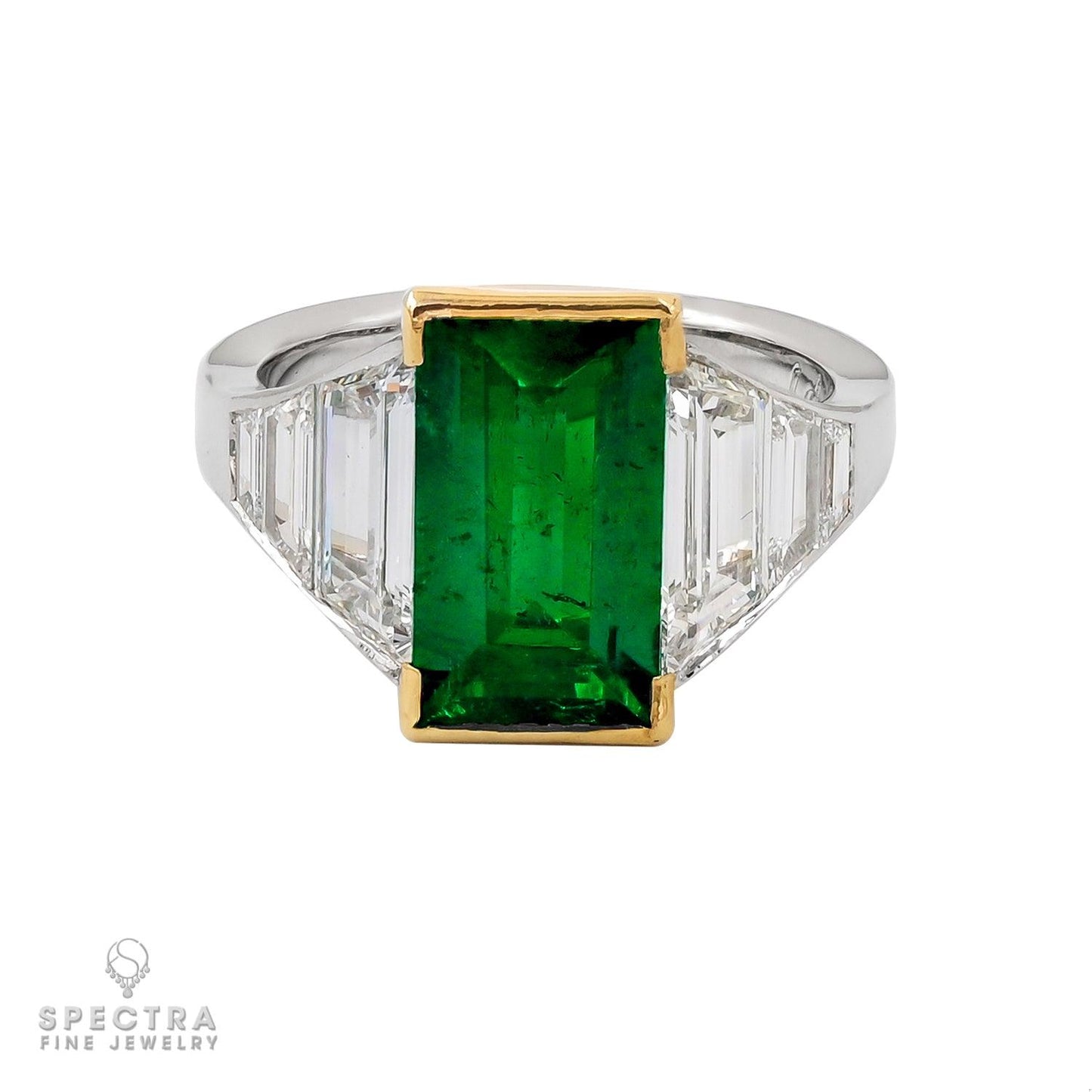 Spectra Fine Jewelry Platinum Colombian Emerald and Trapezoid Diamond Ring