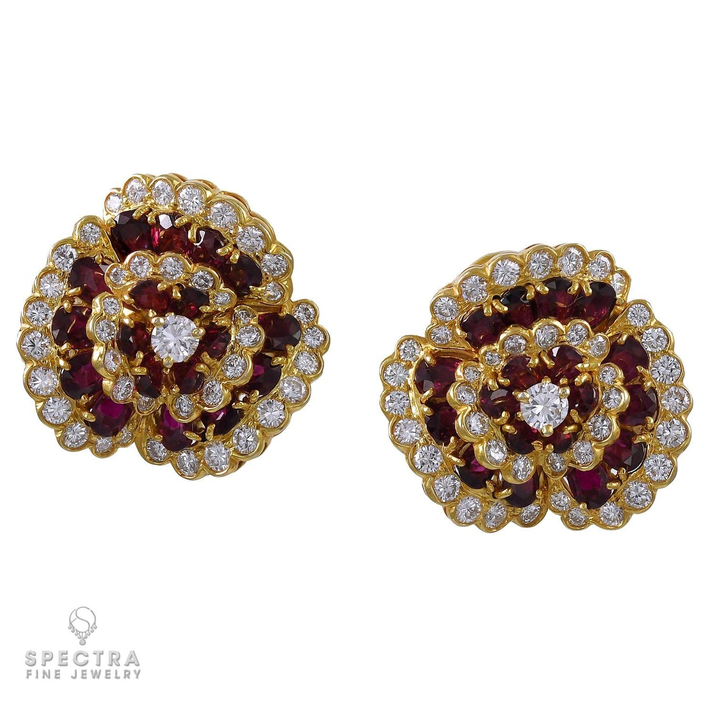 Van Cleef & Arpels Ruby Diamond 'Camellia' Ear Clips in 18kt Gold