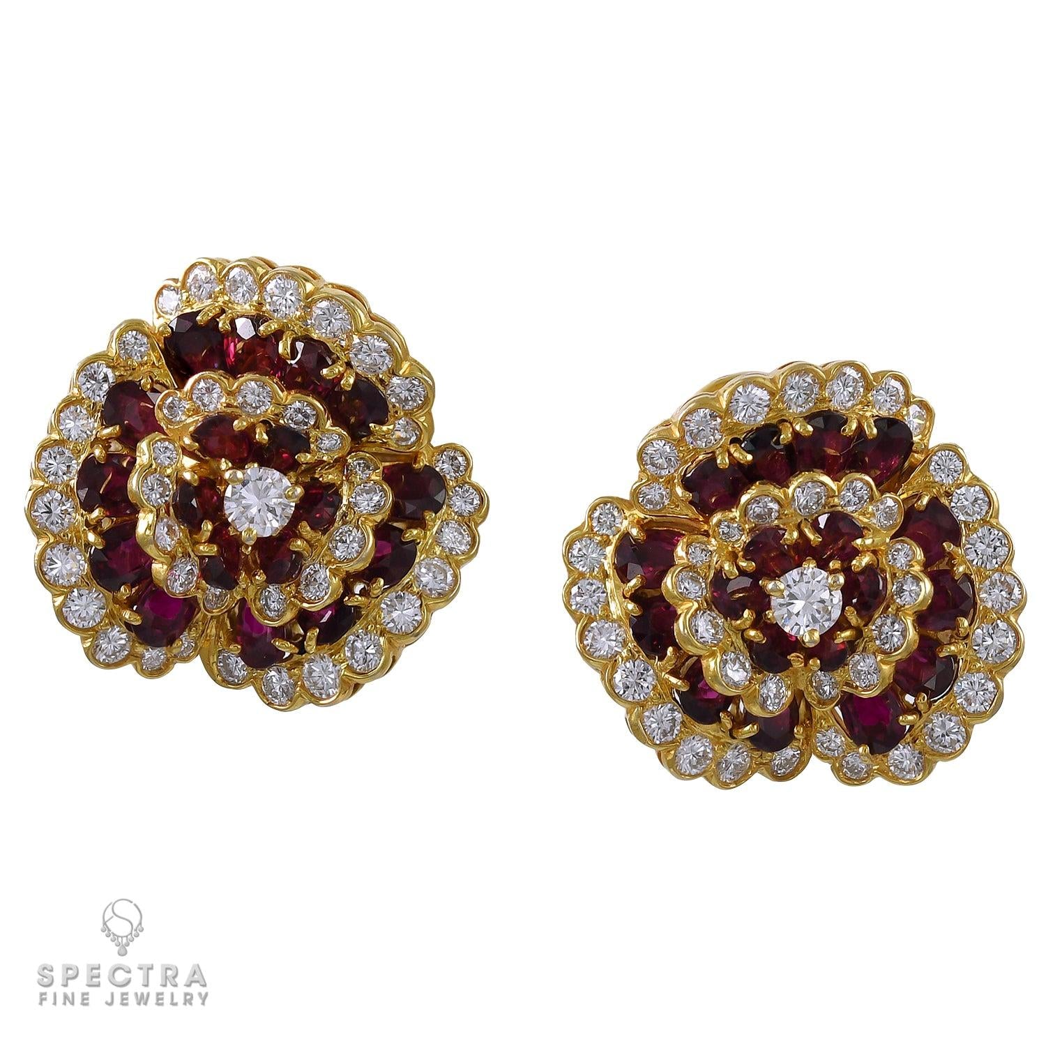 Van Cleef & Arpels Ruby Diamond 'Camellia' Ear Clips in 18kt Gold