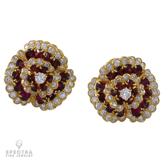 Van Cleef & Arpels Ruby Diamond 'Camellia' Ear Clips in 18kt Gold