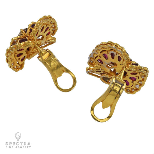 Van Cleef & Arpels Ruby Diamond 'Camellia' Ear Clips in 18kt Gold