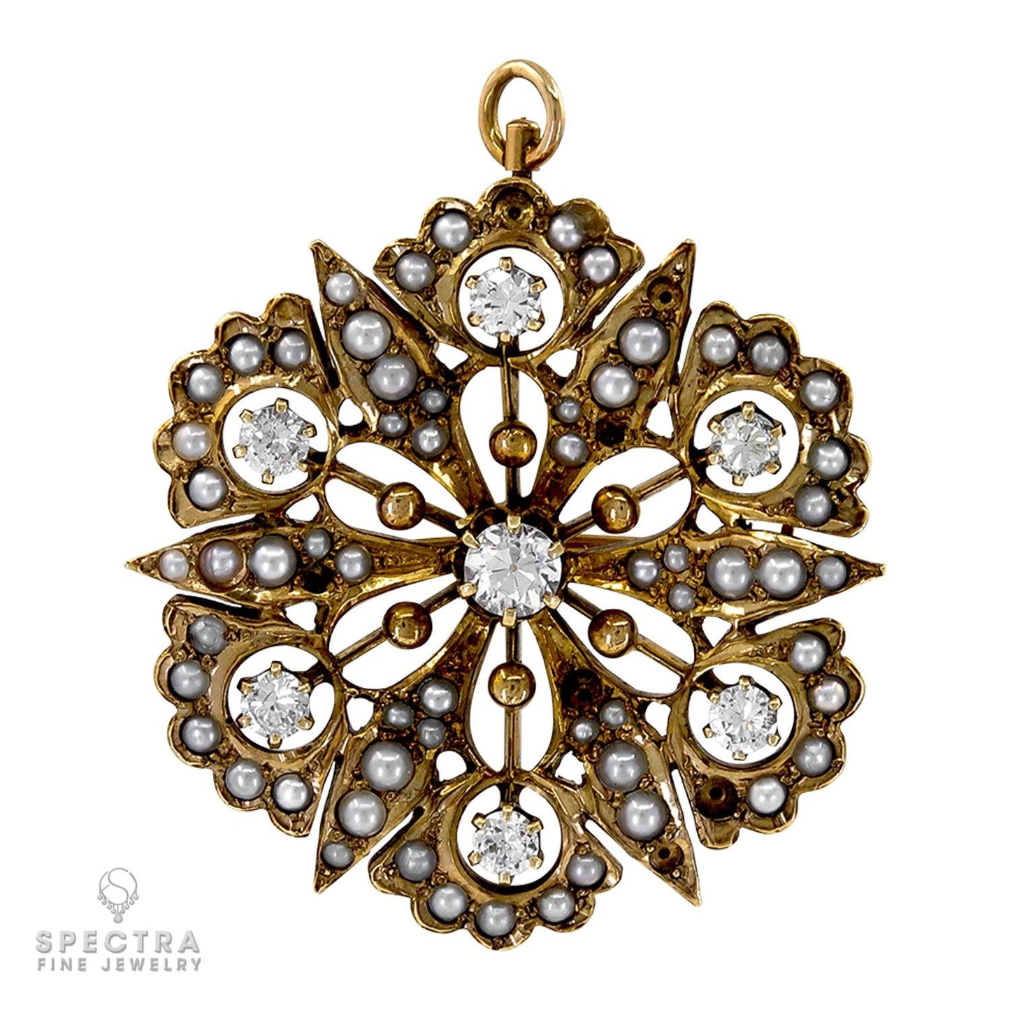 Victorian Diamond & Pearl Gold Starburst Pin/Pendant: Exquisite 18K Yellow Gold