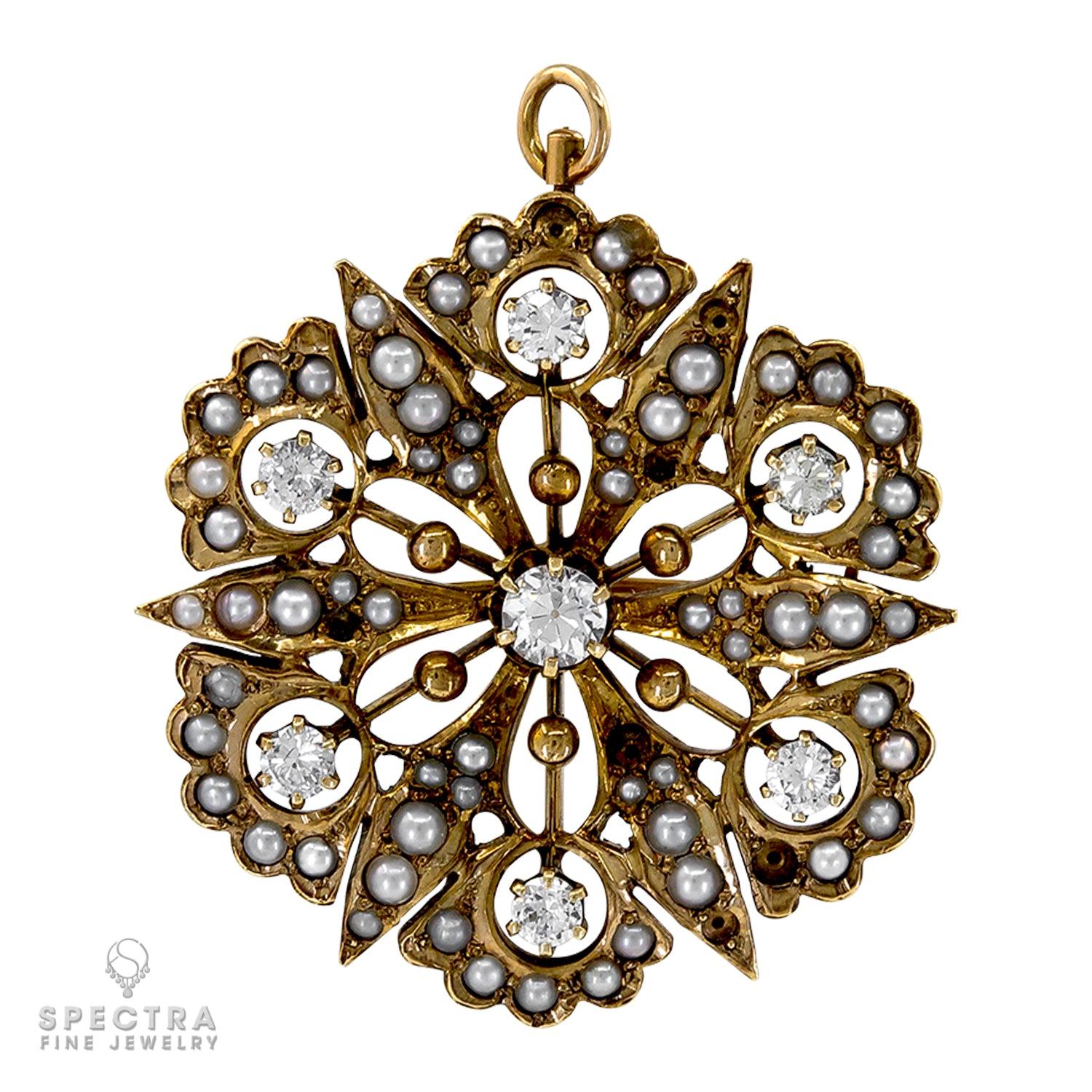 Victorian Diamond & Pearl Gold Starburst Pin/Pendant: Exquisite 18K Yellow Gold