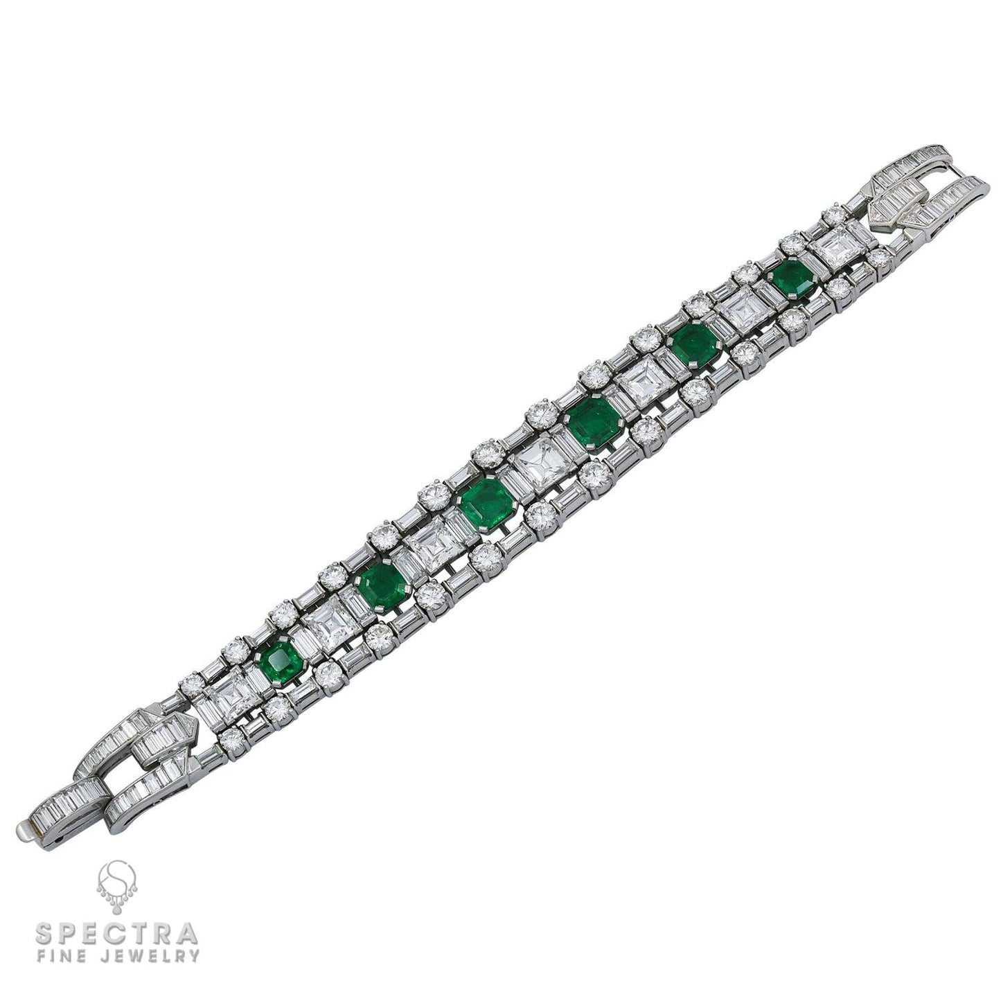 Vintage Mid-Century Colombian Emerald Diamond Articulated Bracelet
