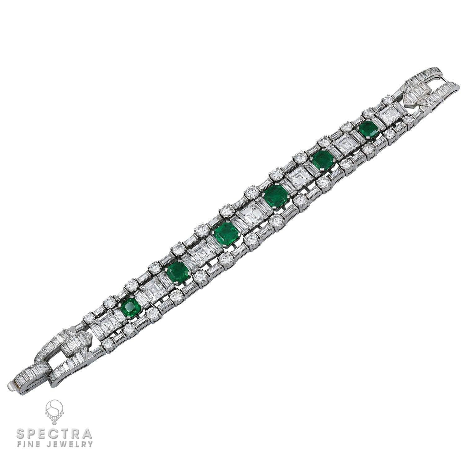 Vintage Mid-Century Colombian Emerald Diamond Articulated Bracelet
