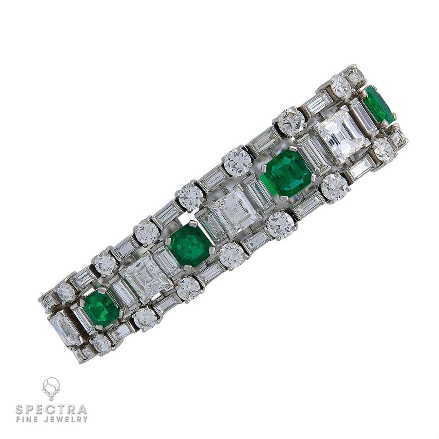 Vintage Mid-Century Colombian Emerald Diamond Articulated Bracelet