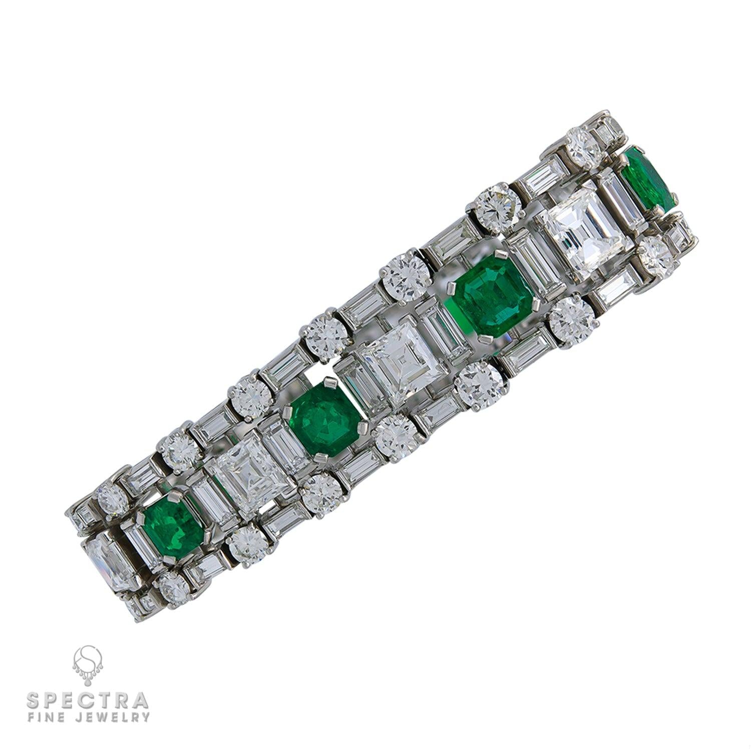 Vintage Mid-Century Colombian Emerald Diamond Articulated Bracelet