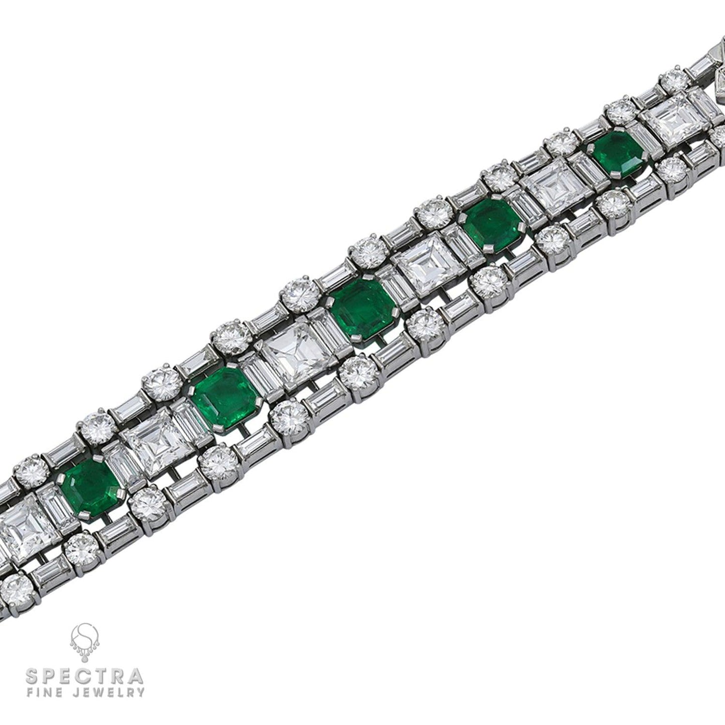 Vintage Mid-Century Colombian Emerald Diamond Articulated Bracelet