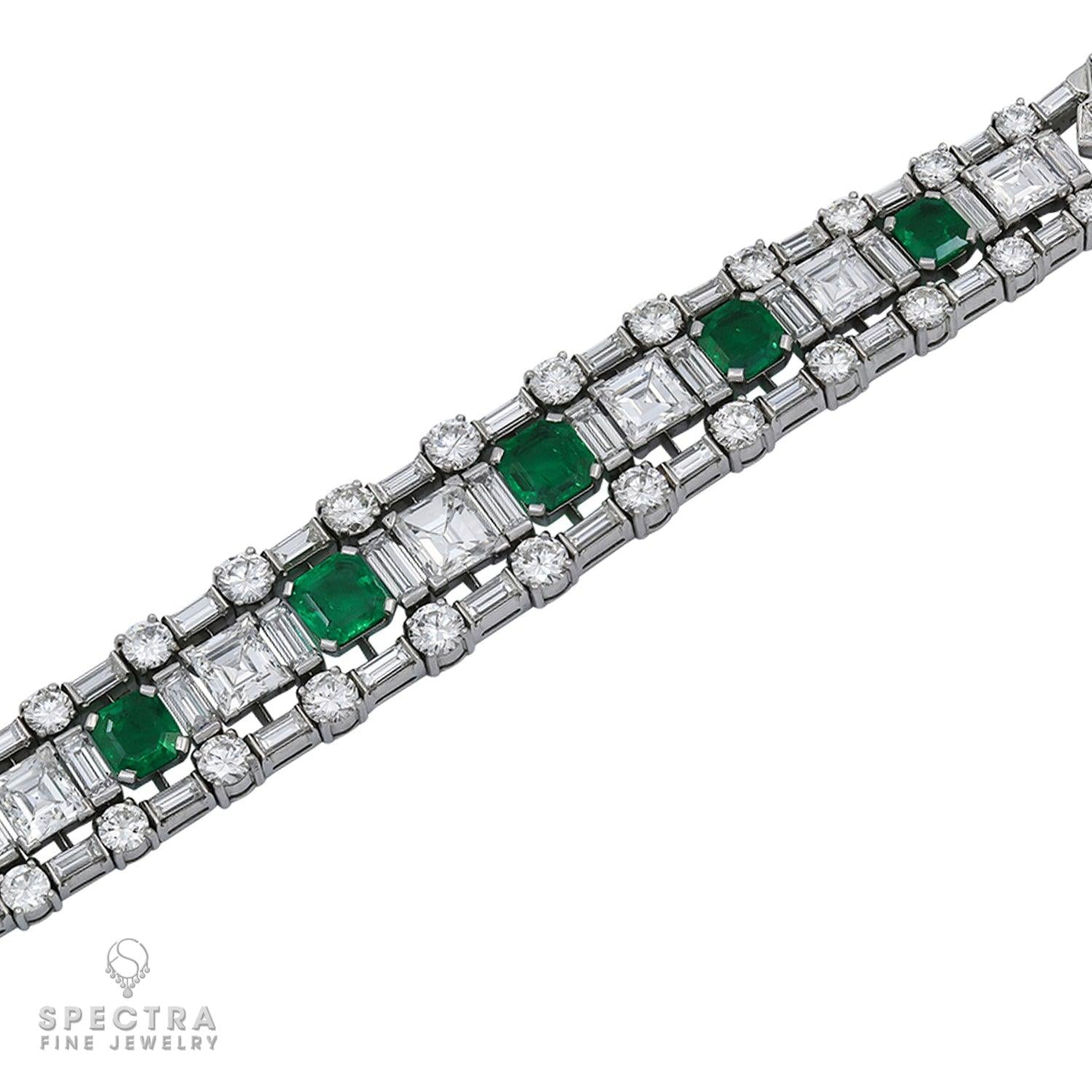 Vintage Mid-Century Colombian Emerald Diamond Articulated Bracelet
