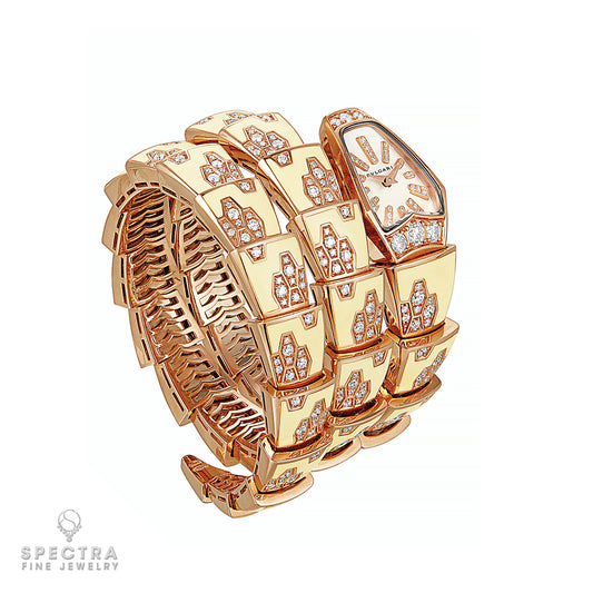 Diamond Yellow Enamel 18K Rose Gold Serpent Bracelet-Watch by Bulgari
