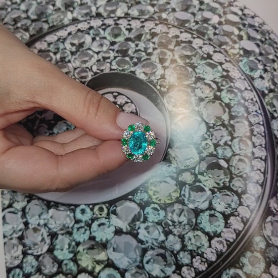3.40 cts. Oval Paraiba Tourmaline Emerald Diamond Ring | Spectra Fine Jewelry