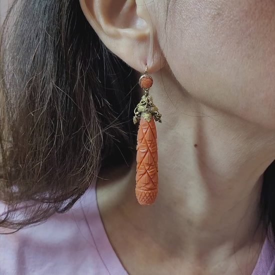 Antique Victorian Carved Coral Earrings