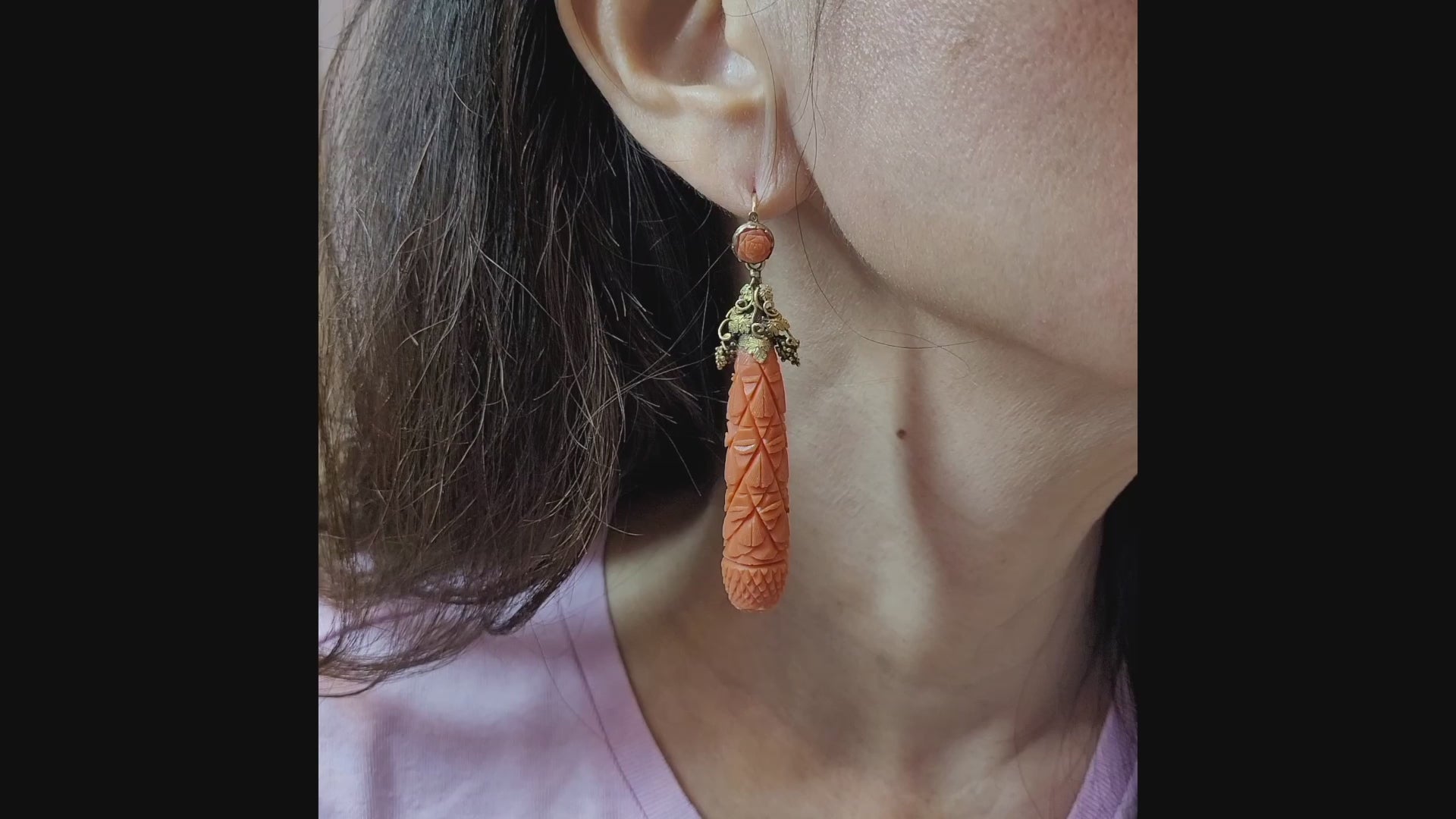 Antique Victorian Carved Coral Earrings