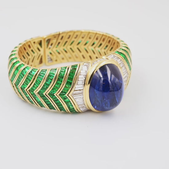 Bulgari 89.72 ct Sapphire, Emerald & Diamond Bangle in 18K Gold