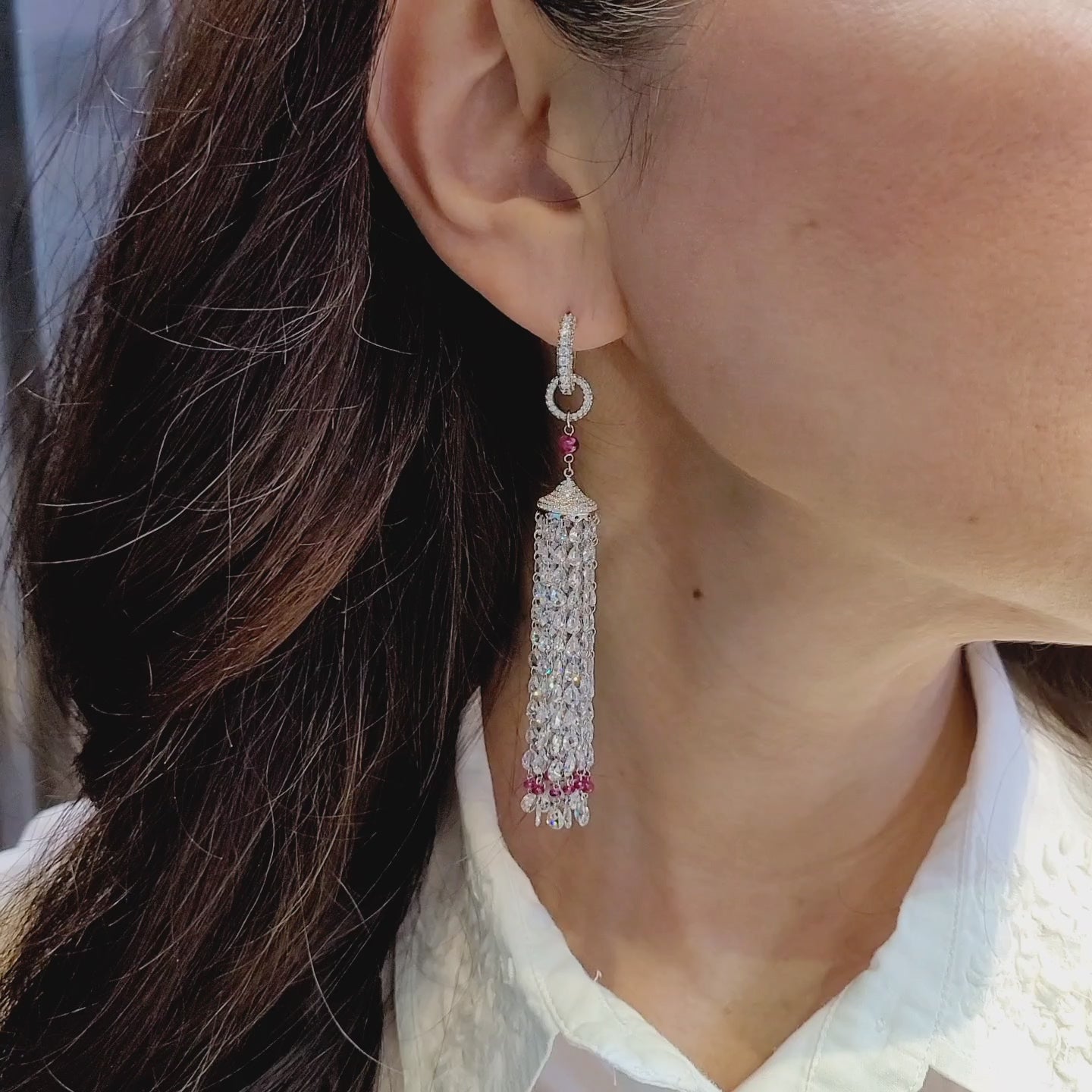 Diamond Ruby Victoria Tassel Earrings in Platinum