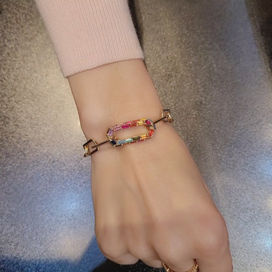 14K Yellow Gold Multi-Gemstone Paperclip Bracelet, 6.75 in