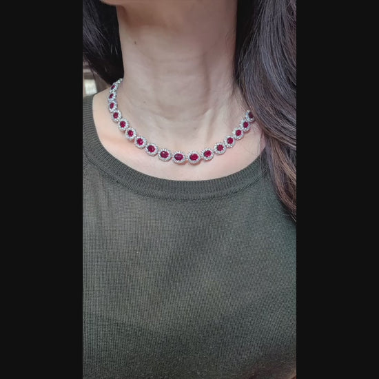 Contemporary Burmese Ruby Diamond Halo Riviere Necklace