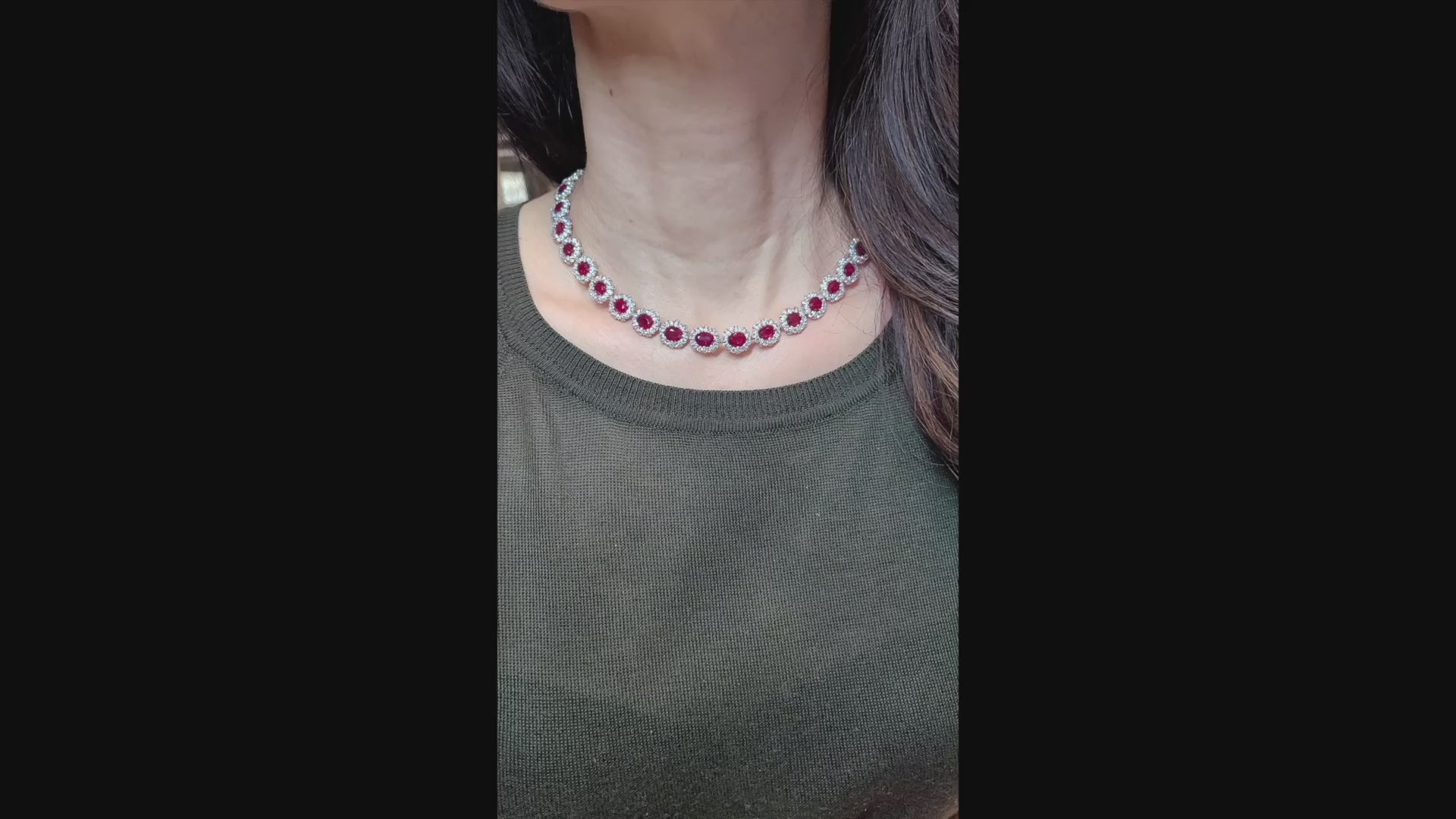 Contemporary Burmese Ruby Diamond Halo Riviere Necklace