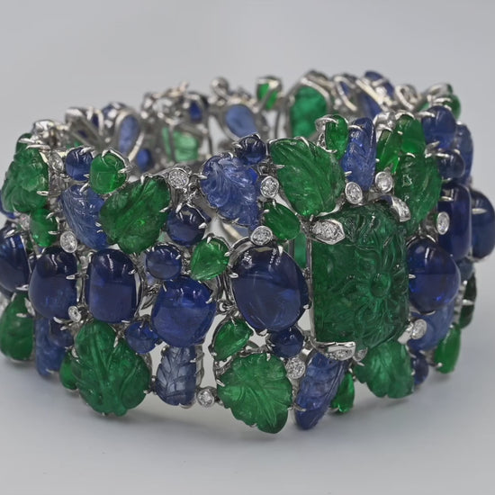 Carved Emerald and Sapphire Wide Bracelet