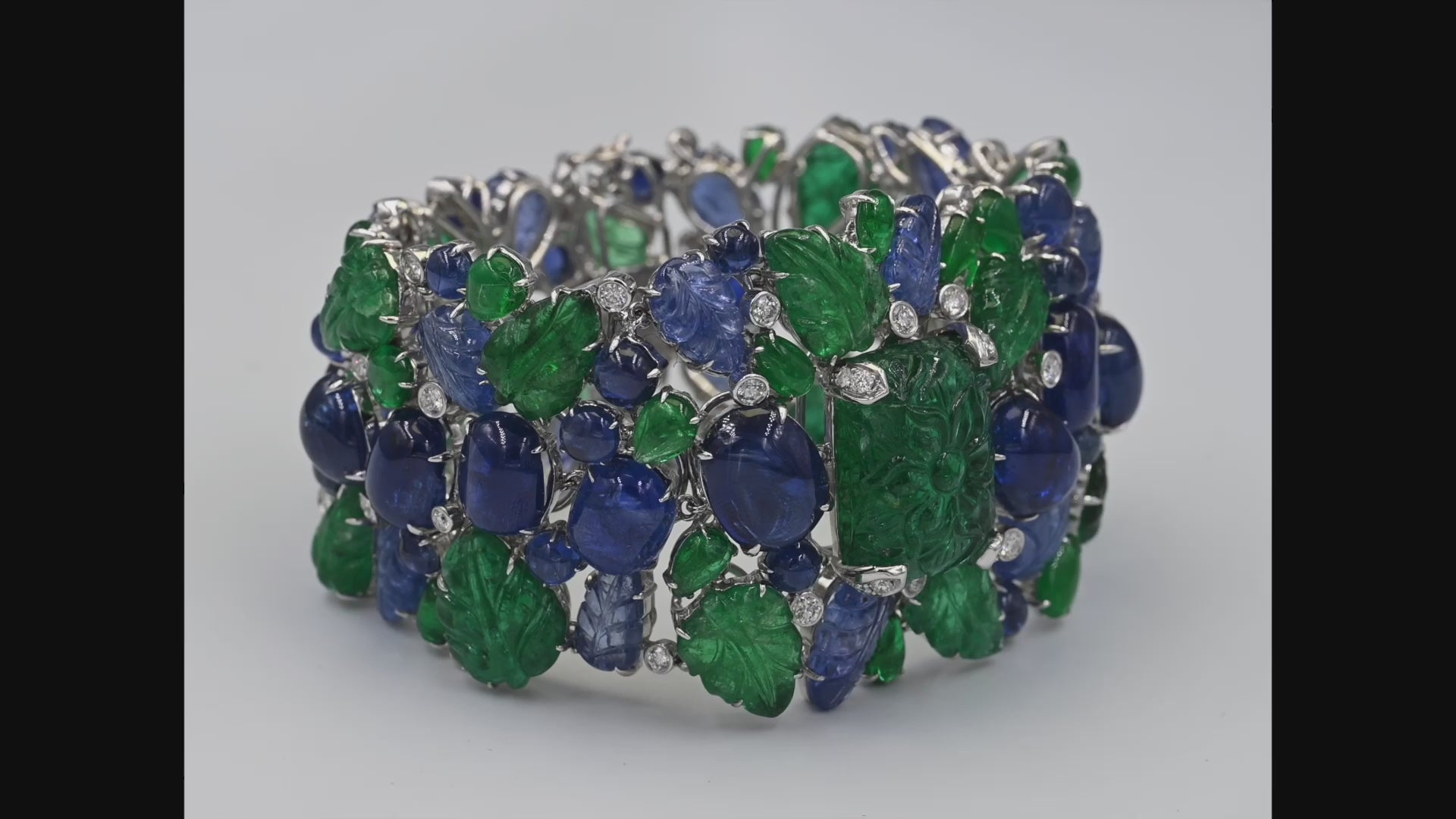 Carved Emerald and Sapphire Wide Bracelet