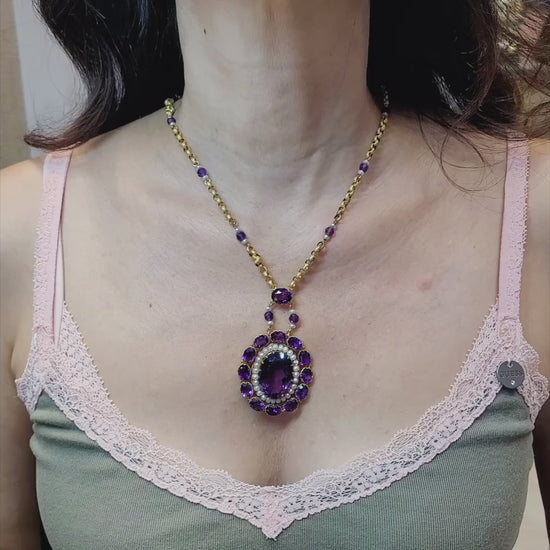 Siberian Amethyst & Pearl Victorian Revival Lavalier Necklace