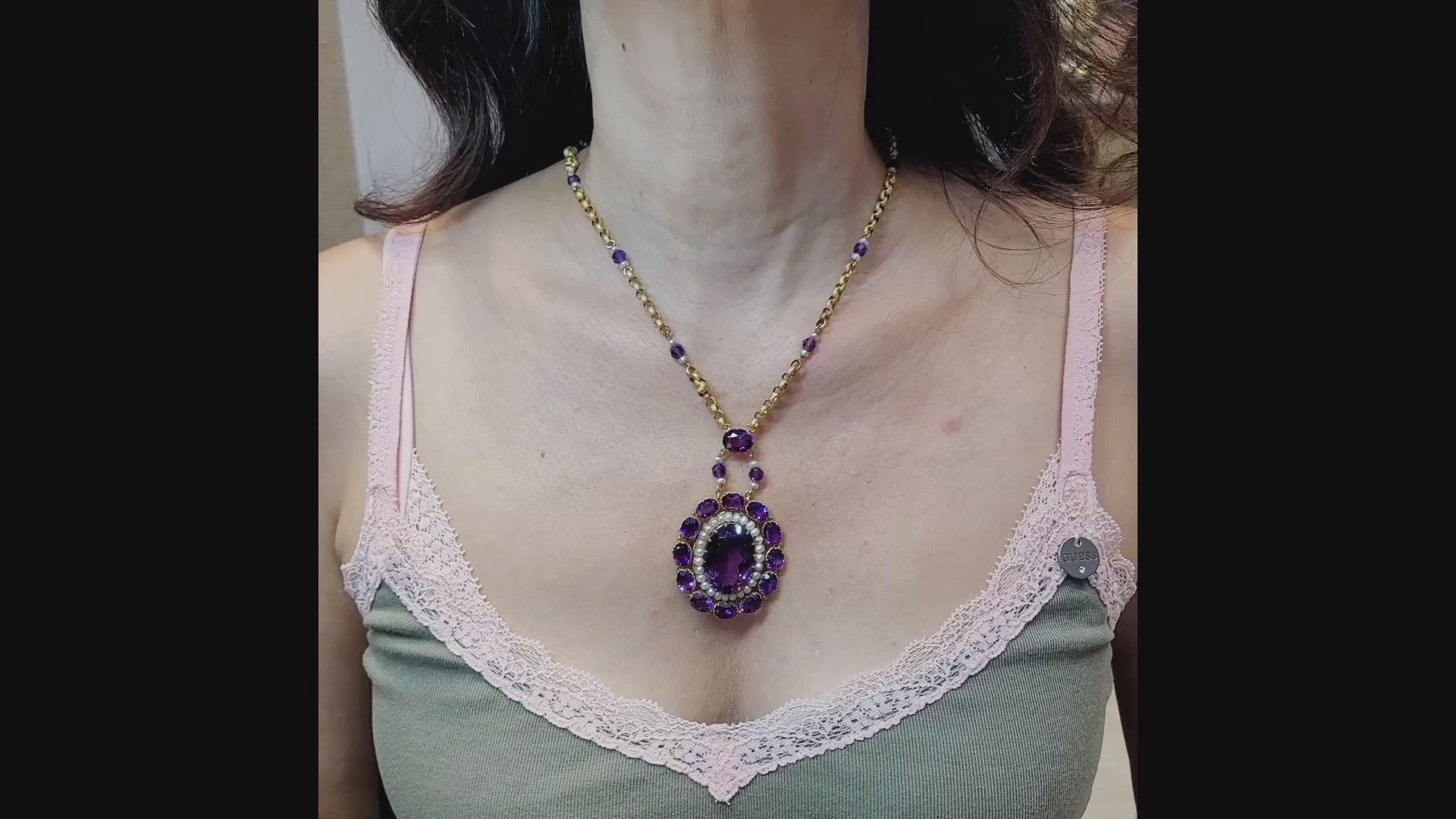 Siberian Amethyst & Pearl Victorian Revival Lavalier Necklace