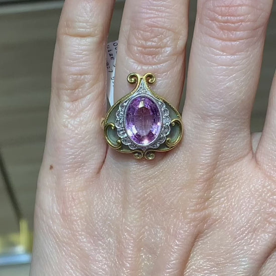 Art Nouveau Pink Spinel and Diamond Cocktail Ring in 18k Yellow Gold