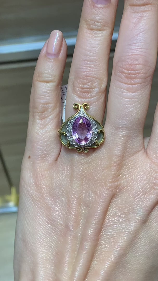 Art Nouveau Pink Spinel and Diamond Cocktail Ring in 18k Yellow Gold