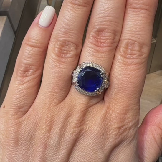 Vintage 9.57ct Burmese Sapphire Diamond Halo Cocktail Ring