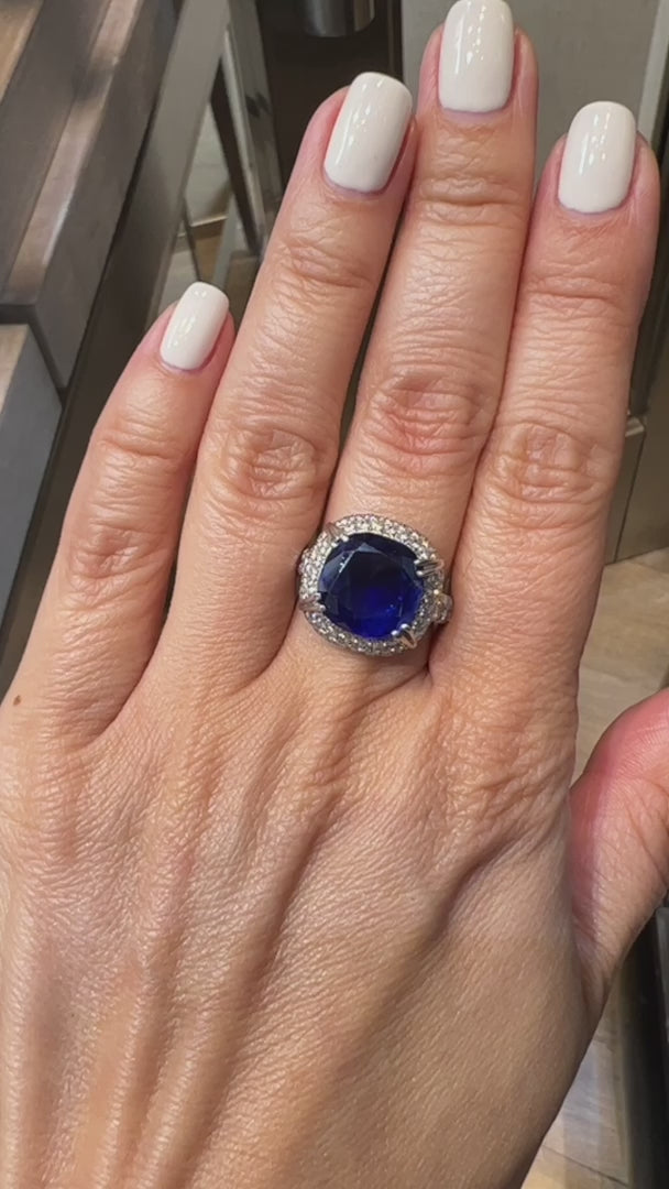 Vintage 9.57ct Burmese Sapphire Diamond Halo Cocktail Ring