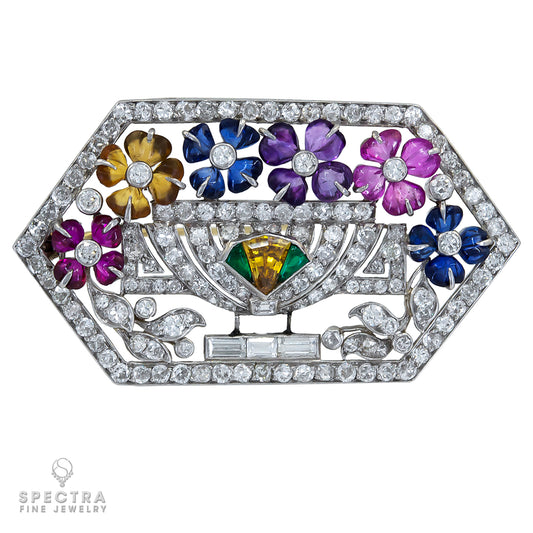 LaCloche Vintage Art Deco Diamond Colored Gemstone Pinstem Brooch
